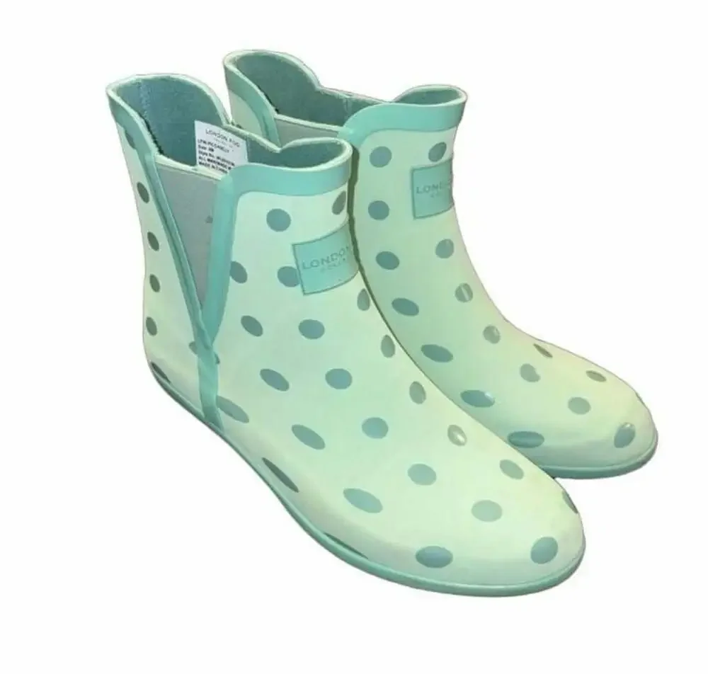 London Fog Piccadilly Rain Boots Mint Green Polka Dot Size 8M